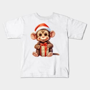 Baby Christmas Monkey With Gift Kids T-Shirt